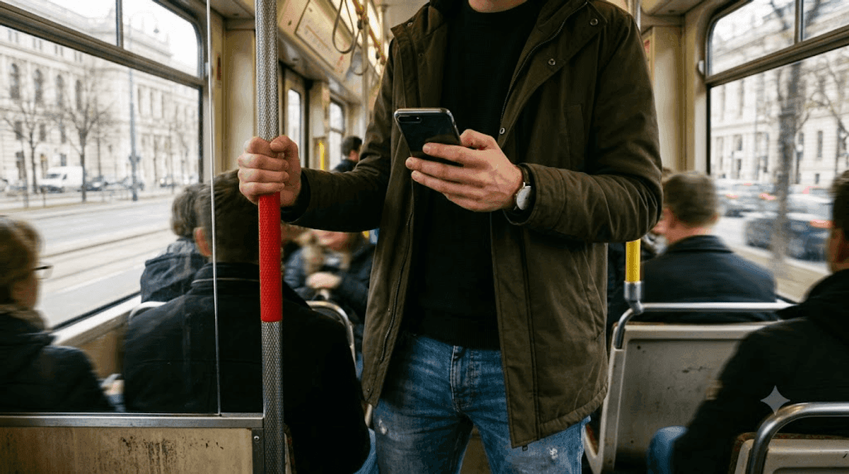 Pendlerin in der Wiener Strassenbahn bedient ihr Smartphone einhaendig - Symbol fuer Mobile-First Webdesign