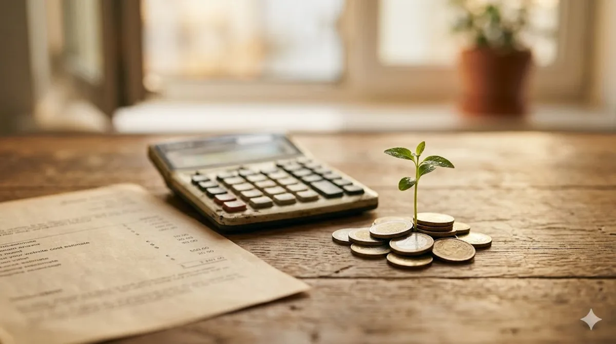 Schreibtisch mit Website-Angebot, Taschenrechner und einem Münzstapel, aus dem ein grüner Sämling wächst, als Sinnbild für eine Website-Investition, die sich über die Zeit amortisiert