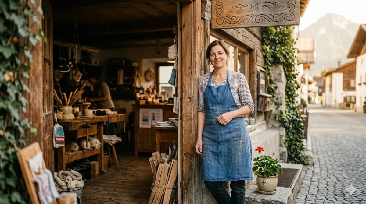 Unternehmerin in der Tür ihrer kleinen österreichischen Werkstatt im warmen Morgenlicht, das reale Geschäft, für das die Website Anfragen und Kunden bringt