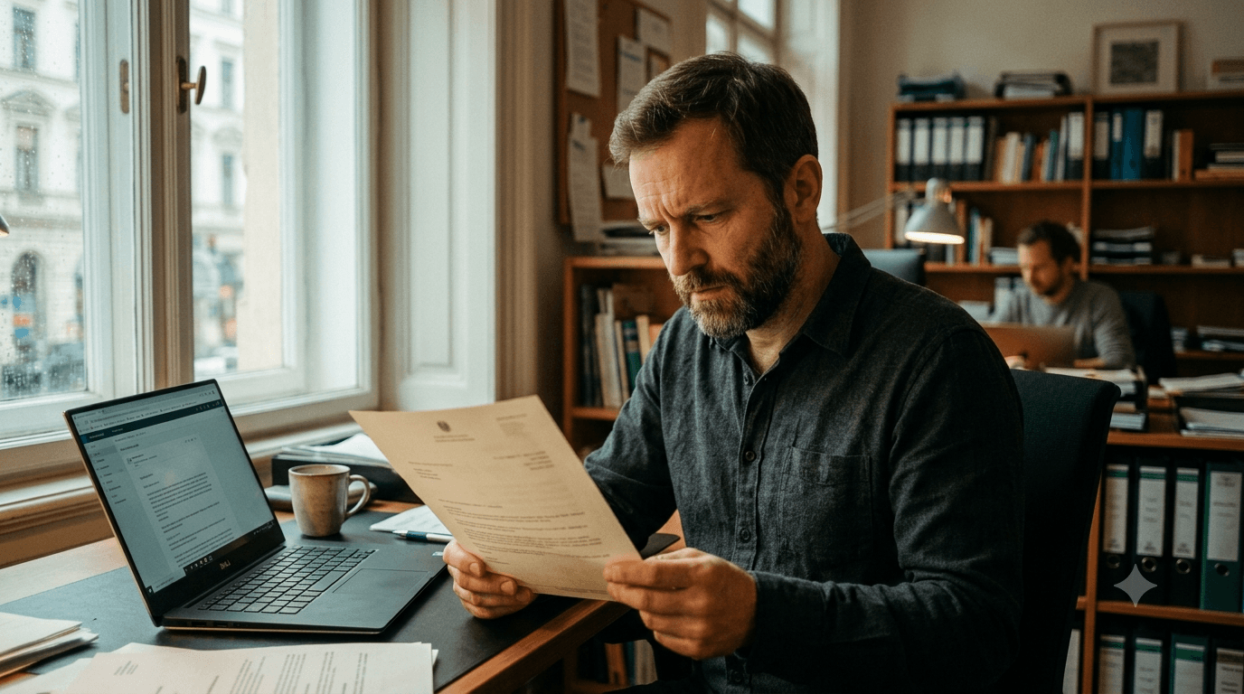 Unternehmer liest mit ernster Miene ein behördliches Schreiben über drohende Strafen bei einer nicht barrierefreien Website