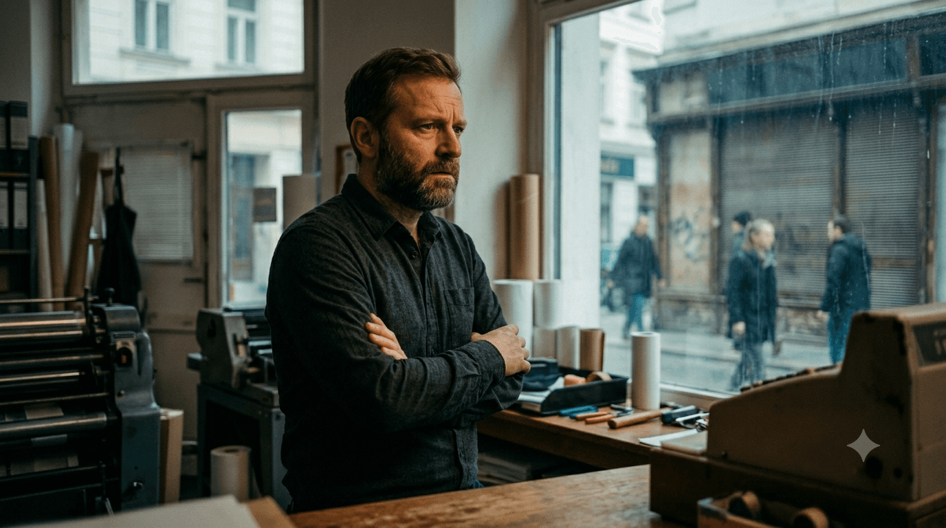 Unternehmer steht nachdenklich in seinem Geschäft, im Hintergrund ein geschlossenes Lokal, als Sinnbild für das Marktverbot
