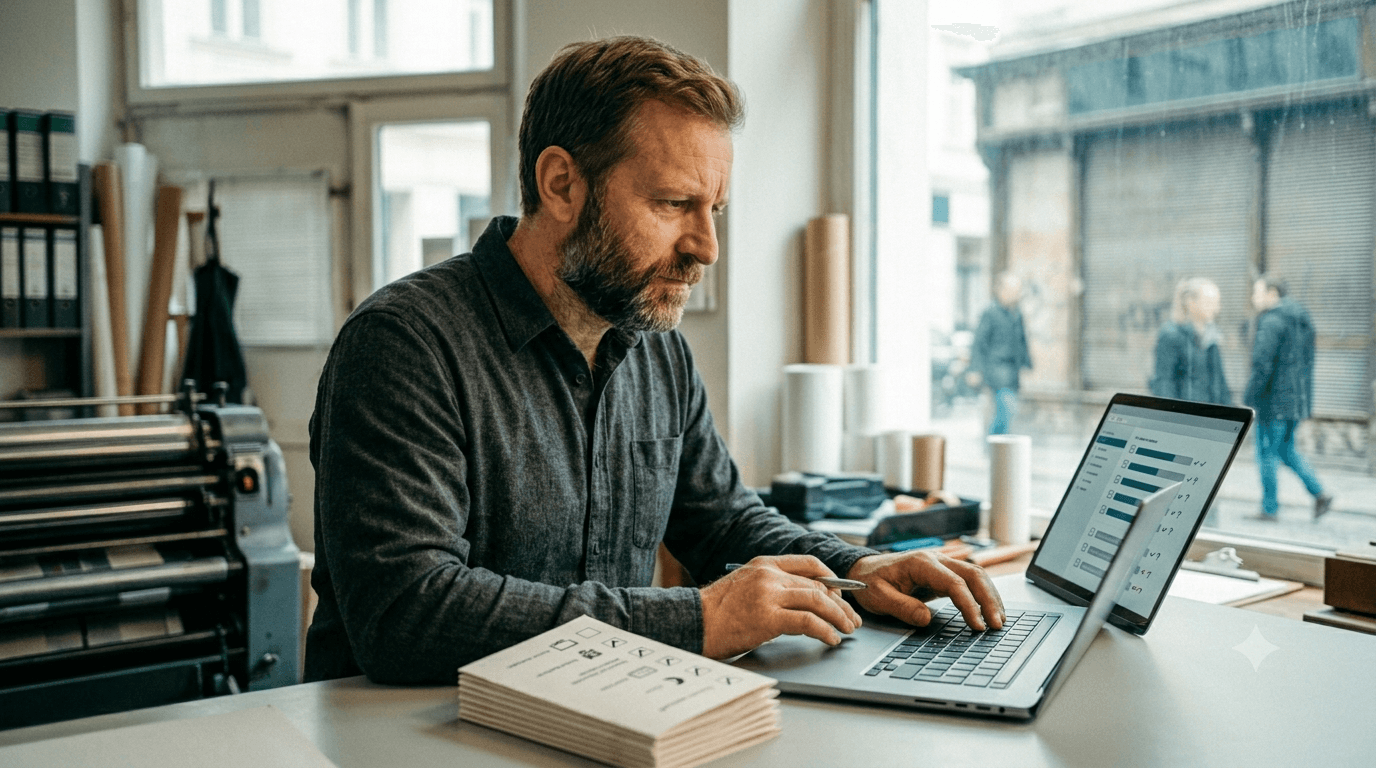 Unternehmer arbeitet konzentriert am Laptop eine Barrierefreiheits-Checkliste ab und setzt die nötigen Schritte um