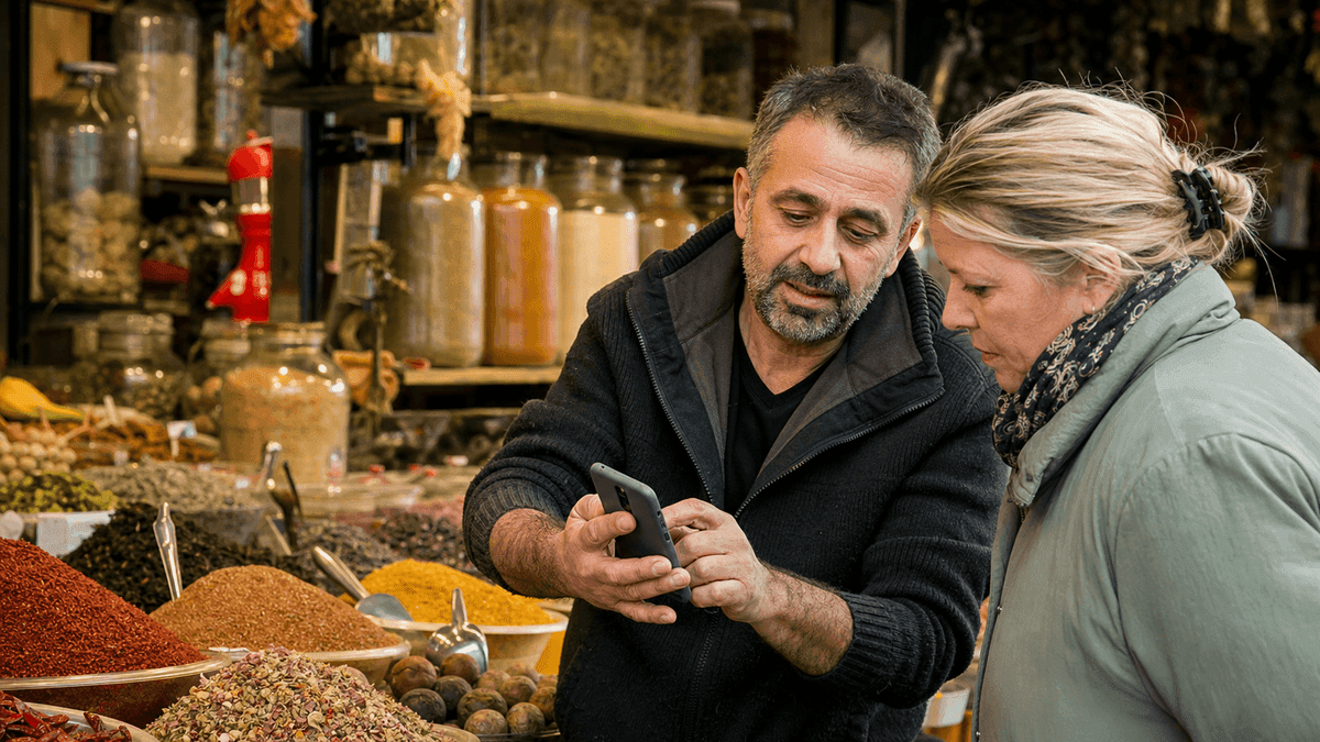 A middle-aged spice vendor at a vibrant stall at Vienna's Naschmarkt showing a customer something on a smartphone, colourful jars and dried herbs filling the background, candid documentary style, natural afternoon daylight, no text on the screen