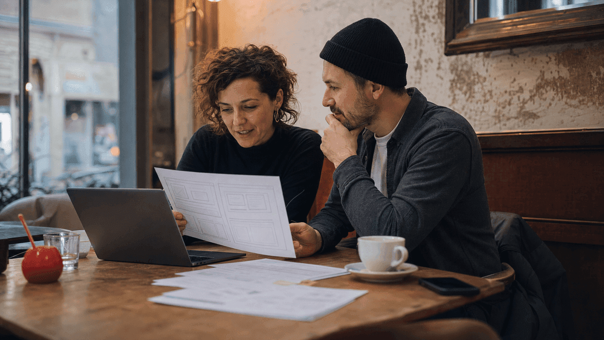 A small business owner and a UX consultant sitting across from each other at a cafe table in Vienna, looking at printed wireframe sheets and a laptop together, relaxed and focused, warm interior light, no readable text on any screen or paper