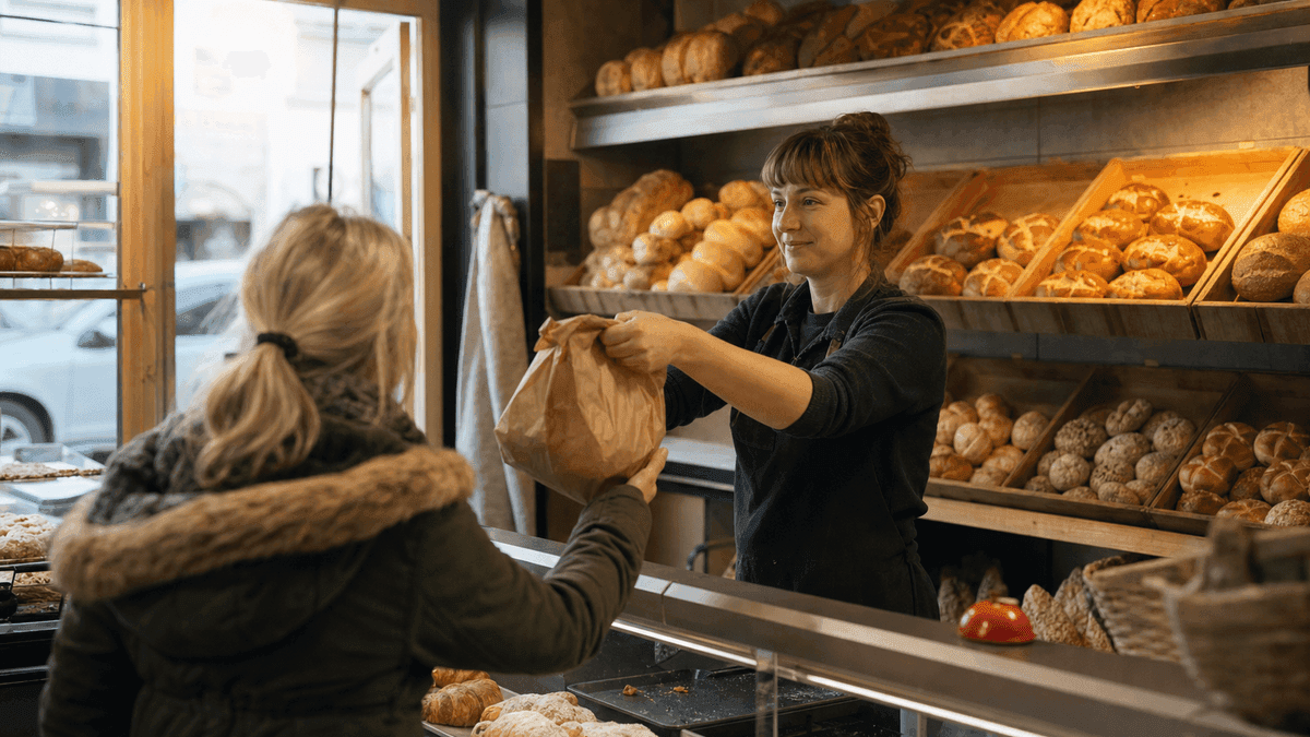 A Viennese bakery counter in the early morning, fresh bread rolls and pastries neatly arranged on shelves ready to grab, a friendly baker handing a paper bag to a customer, warm golden light, authentic everyday scene, photorealistic, no text