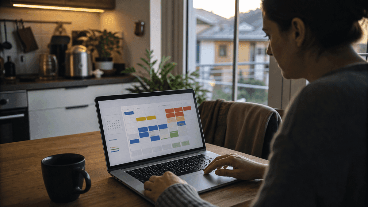 A focused person at a kitchen table at home making an online booking on a laptop, screen showing a real-time availability calendar with selected slots, coffee cup beside the keyboard, evening light, candid and authentic, photorealistic, no readable text