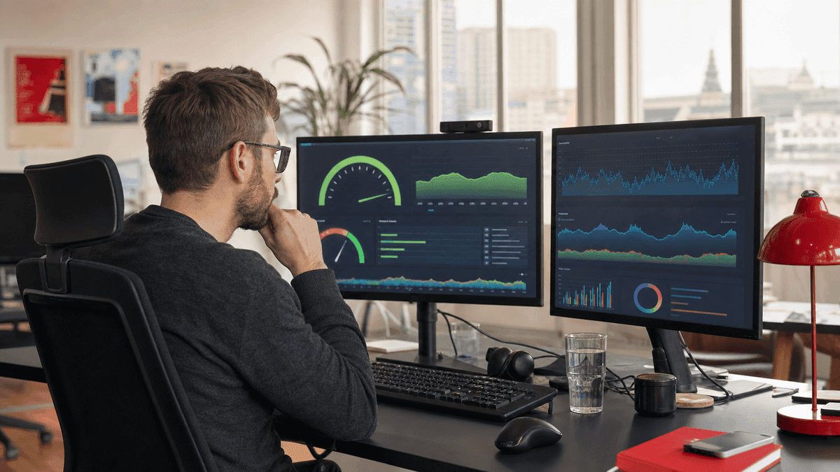 A web developer at a dual-monitor workstation in a modern Vienna agency studying a website performance dashboard with speed graphs and gauges, concentrated expression, soft daylight and red accent details in the room, authentic working moment, photorealistic, no legible text