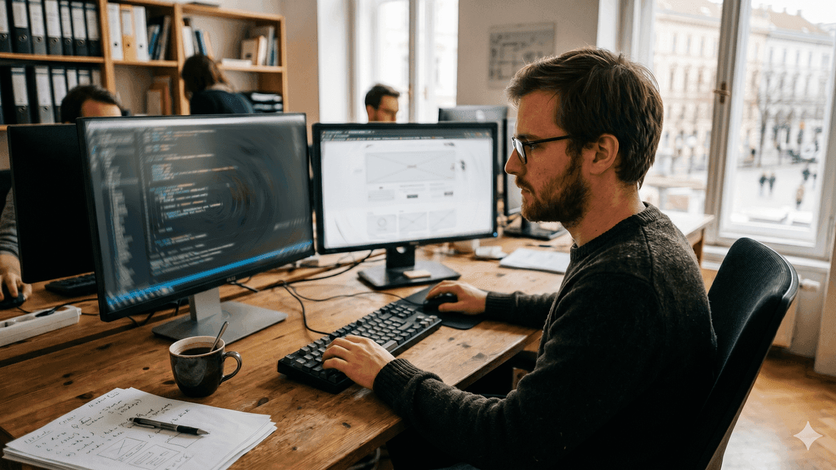 Webentwickler arbeitet konzentriert an zwei Bildschirmen am Website-Relaunch, weil die Arbeitszeit der größte Kostenblock ist