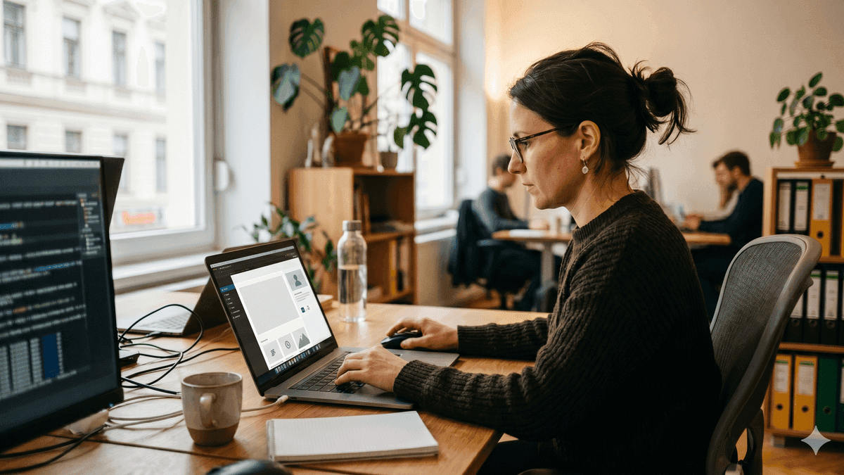 Webexpertin pflegt nach dem Website-Relaunch eine live Website und übernimmt die laufende Wartung am Laptop