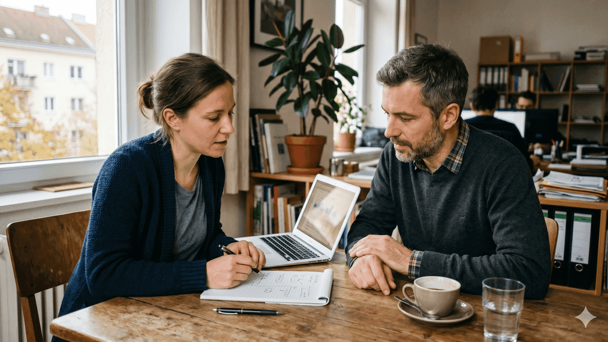 Beraterin und Kunde planen gemeinsam am Tisch das realistische Budget für den Website-Relaunch