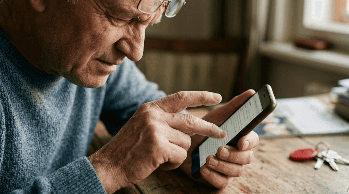 Älterer Mann zoomt am Smartphone in eine schwer lesbare Website — fehlende Barrierefreiheit erschwert die Nutzung für viele Kunden