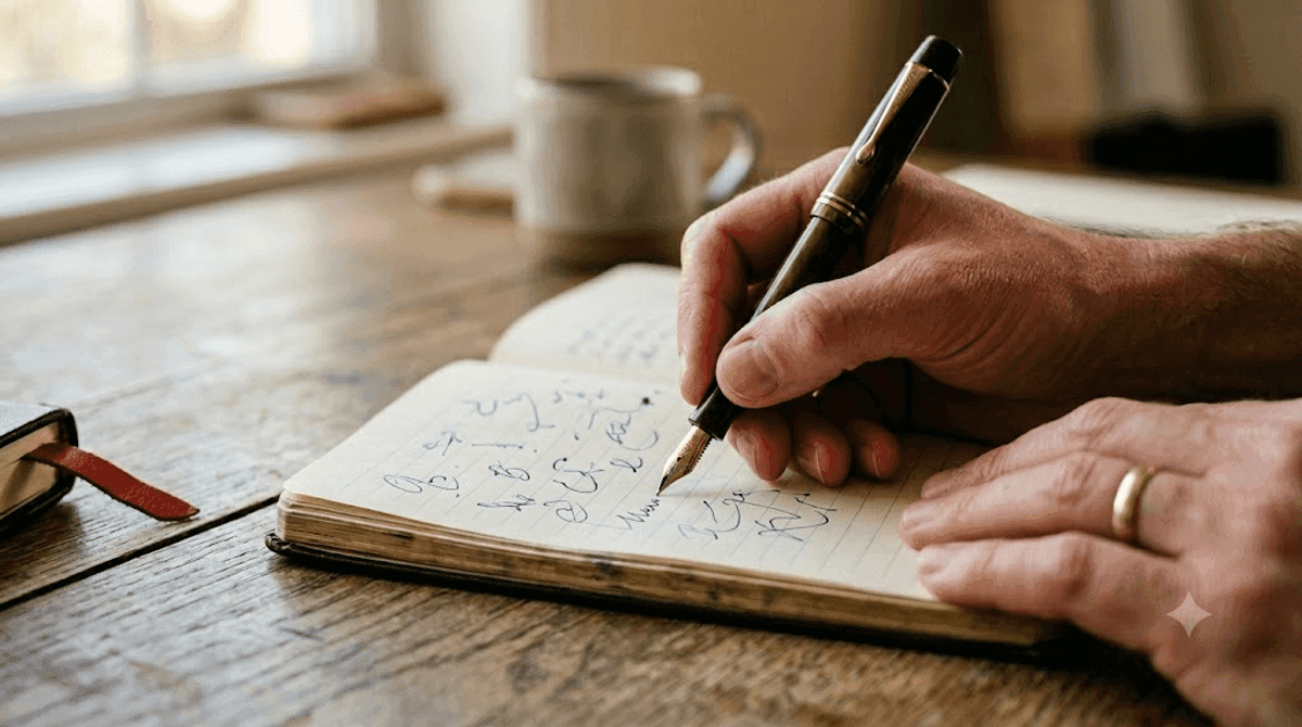Nahaufnahme einer Hand, die mit Füllfeder eine Wunschkunden-Persona in ein Notizbuch schreibt — Zielgruppe vor dem Agentur-Briefing festhalten