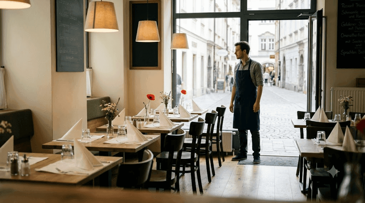 Frisch eröffnetes, leeres Restaurant mit eingedeckten Tischen und wartendem Kellner - Sinnbild dafür, dass eine neue Website nach dem Launch noch von niemandem bei Google gefunden wird