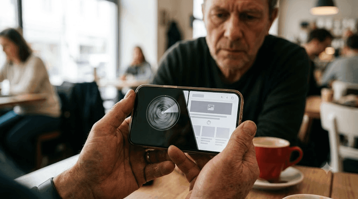 Hände eines Mannes mit Smartphone und laufender Stoppuhr beim Messen der Ladezeit einer Webseite - veranschaulicht, dass Website-Performance erst nach Wochen seriös beurteilbar ist