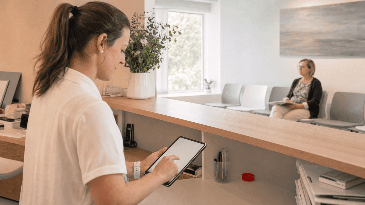 A medical receptionist at a clinic front desk using a tablet booking calendar while a patient waits in the bright modern waiting room, candid real-life Austrian office setting, soft daylight, no on-screen text