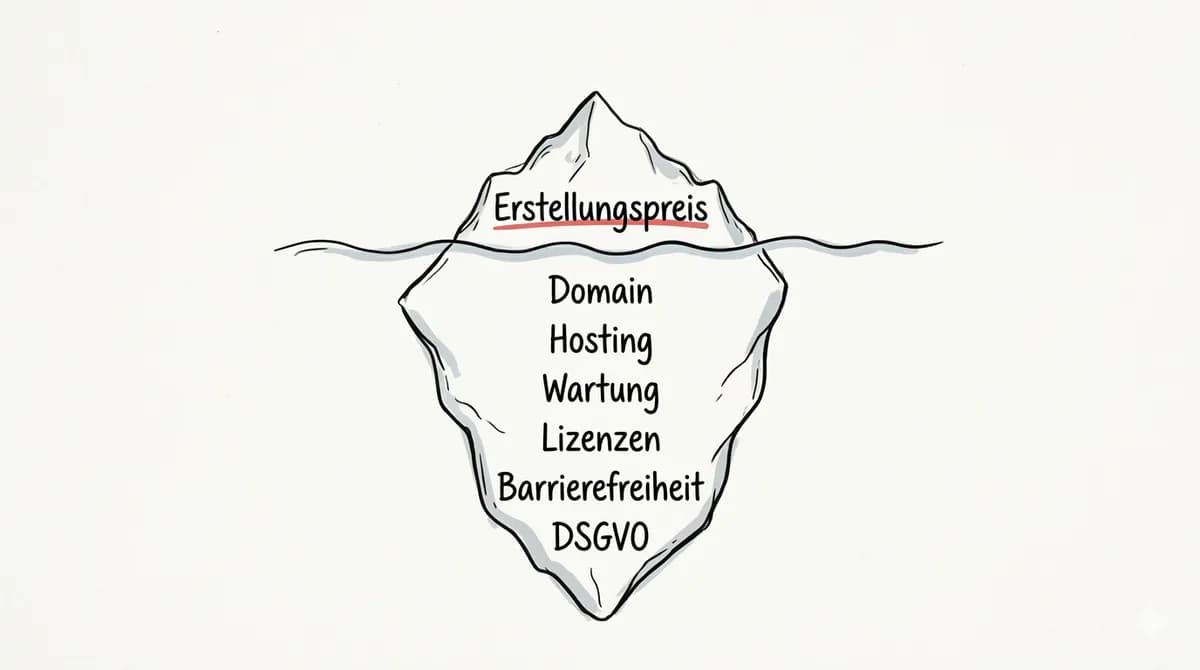 Eisberg-Grafik der versteckten Website-Kosten: über Wasser nur der Erstellungspreis, darunter Domain, Hosting, Wartung, Lizenzen, Barrierefreiheit und DSGVO