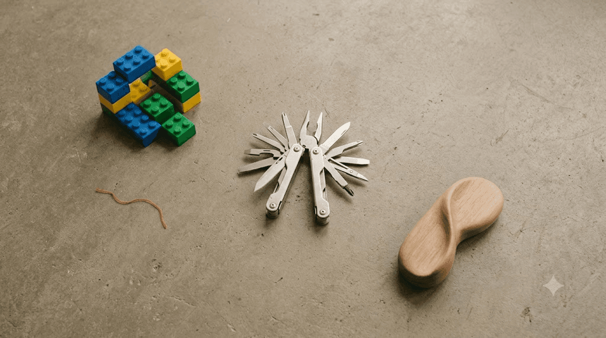 Drei Objekte als Vergleich der drei Wege zur Firmenwebsite: Bausteine für den Baukasten, ein Multitool für WordPress und ein handgefertigtes Stück für die Individualentwicklung