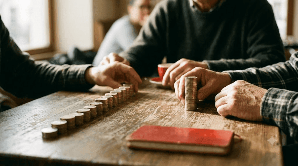 Hände vergleichen viele kleine monatliche Münzstapel mit einem einzigen großen Stapel, das Mietmodell gegen das Einmal-Investment bei der Firmenwebsite
