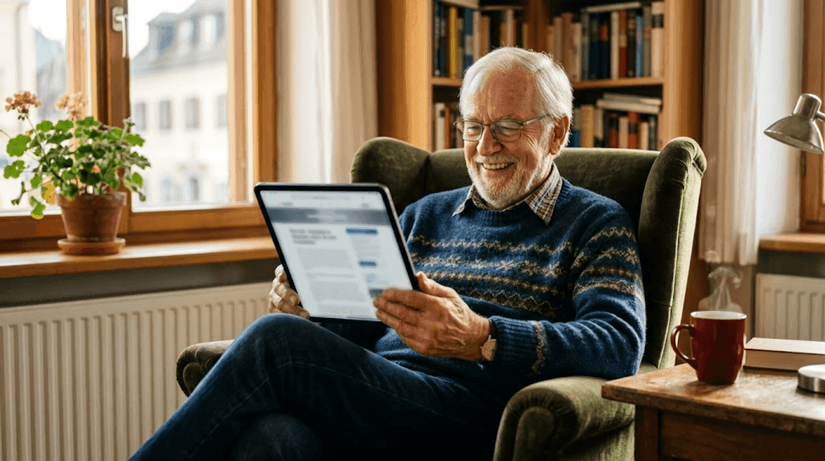 Älterer Mann liest entspannt eine schnell ladende und gut lesbare Website auf dem Tablet, ein Bild für Tempo und Barrierefreiheit der Firmenwebsite im Alltag