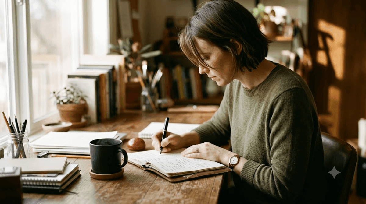 Ein spezialisierter Texter arbeitet konzentriert am Schreibtisch mit handschriftlichen Notizen — die professionelle Texterstellung als eigene Disziplin