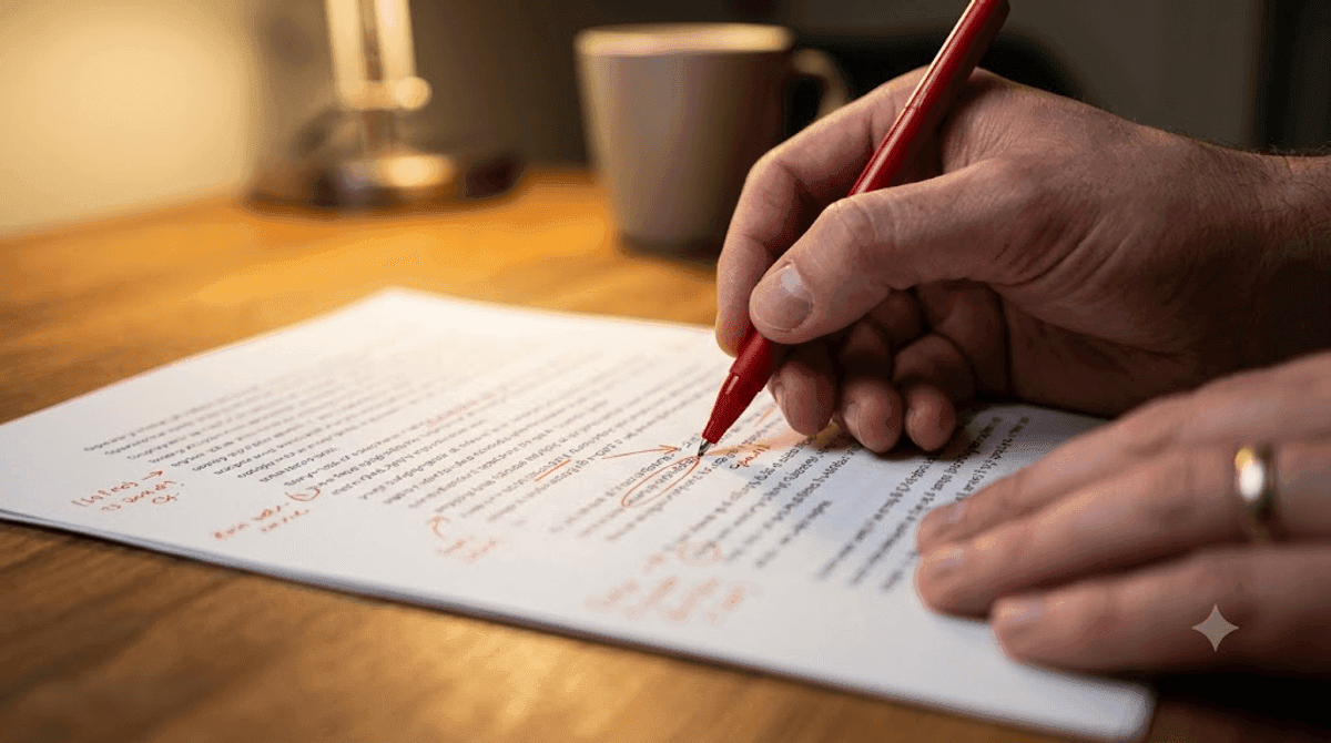 Hand korrigiert mit rotem Stift einen ausgedruckten Website-Text-Entwurf — KI-Texte brauchen menschliche Überarbeitung, damit Google sie wertschätzt