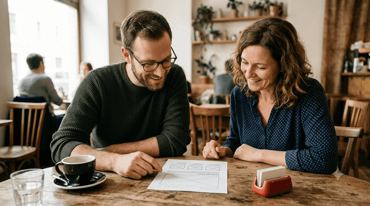 Ein Webdesigner und eine Unternehmerin betrachten gemeinsam ein aufgeraeumtes, klares Website-Layout auf Papier - klares Design statt vieler Effekte.