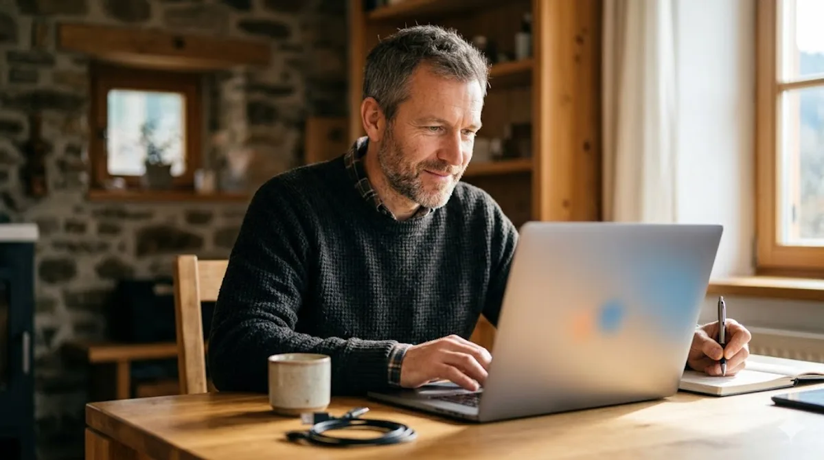 Unternehmer registriert eine .at-Domain am Laptop in einem warmen, rustikalen österreichischen Homeoffice