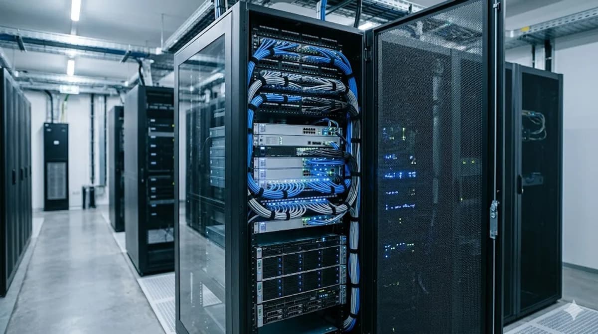 Aufgeräumter Serverschrank in einem Rechenzentrum mit ordentlicher blauer Verkabelung: zuverlässiges Webhosting in Österreich