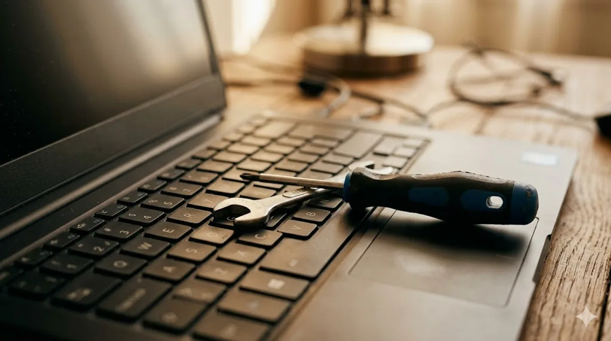 Schraubenzieher und Schraubenschlüssel auf einer Laptop-Tastatur: laufende Wartung, Updates und Plugin-Pflege einer Website