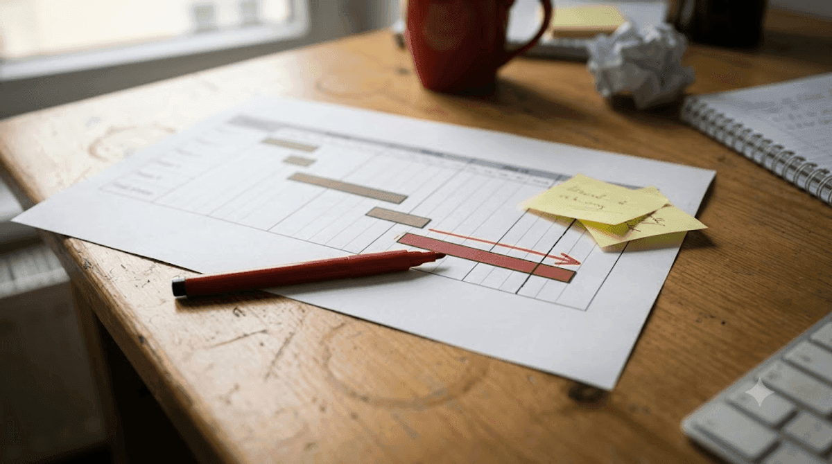 Nahaufnahme eines ausgedruckten Projektzeitplans, dessen letzter Balken mit rotem Stift nach hinten verlängert wurde, als Sinnbild für überschrittene Relaunch-Zeitpläne
