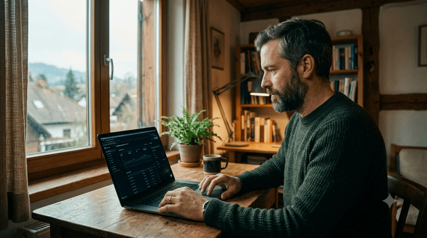Unternehmer verwaltet am Laptop Domain und Hosting seiner Website, die kleinen laufenden Grundkosten