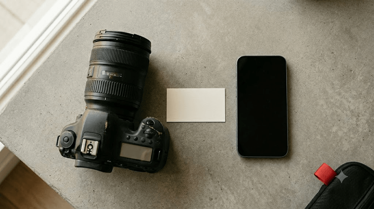 Profi-Kamera neben Smartphone als Symbol fuer riesige unkomprimierte Bilddateien beim Website-Erstellen