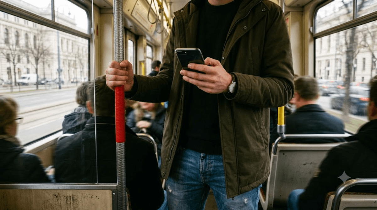 Pendlerin in der Wiener Strassenbahn bedient ihr Smartphone einhaendig - Symbol fuer Mobile-First Webdesign