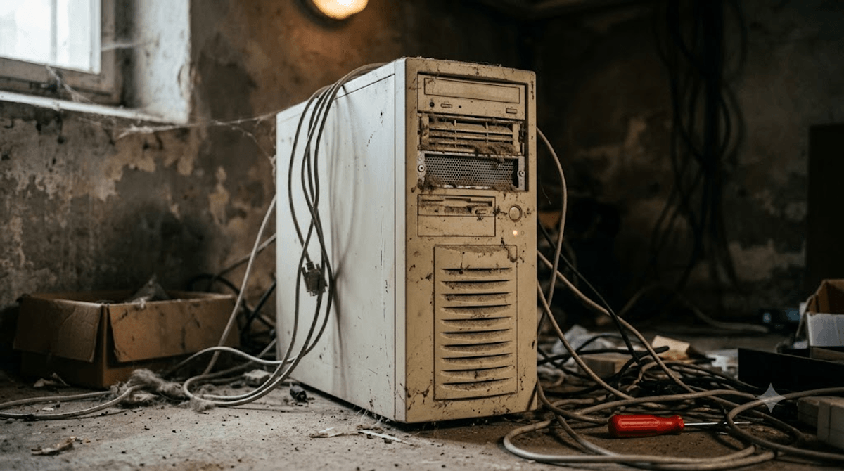 Verstaubter alter Server in einem dunklen Keller als Sinnbild fuer billiges Shared-Hosting mit langsamer Ladezeit