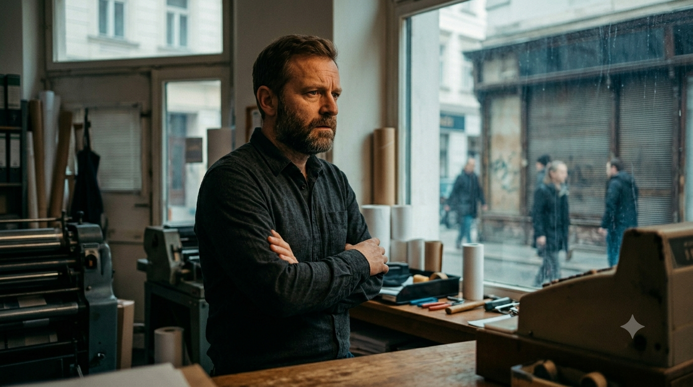 Unternehmer steht nachdenklich in seinem Geschäft, im Hintergrund ein geschlossenes Lokal, als Sinnbild für das Marktverbot