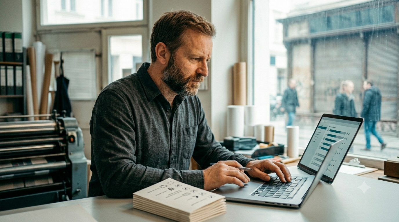 Unternehmer arbeitet konzentriert am Laptop eine Barrierefreiheits-Checkliste ab und setzt die nötigen Schritte um