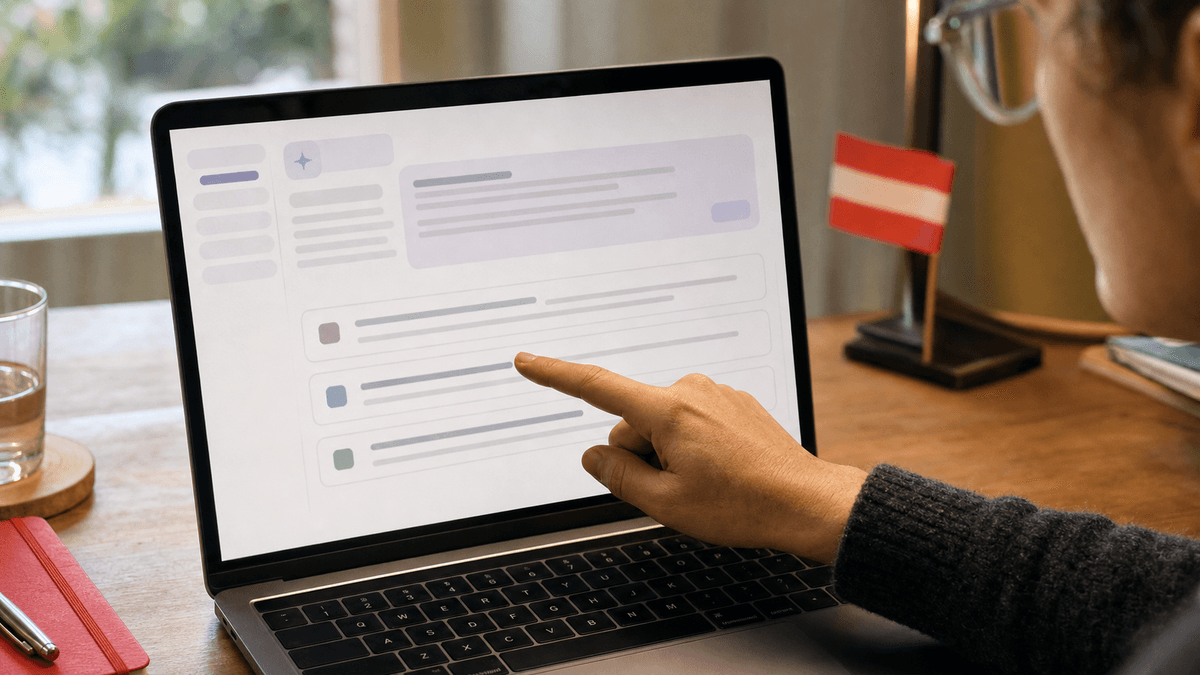 Close-up of a researcher's laptop showing a generative AI answer interface, a hand pointing at a cited source line, warm focused workspace lighting, photorealistic, no readable text