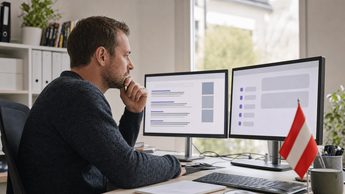 A small Austrian business owner in a bright office looking thoughtfully at two monitors, one with a traditional search results layout and one with an AI chat interface, candid documentary style, photorealistic, no legible text