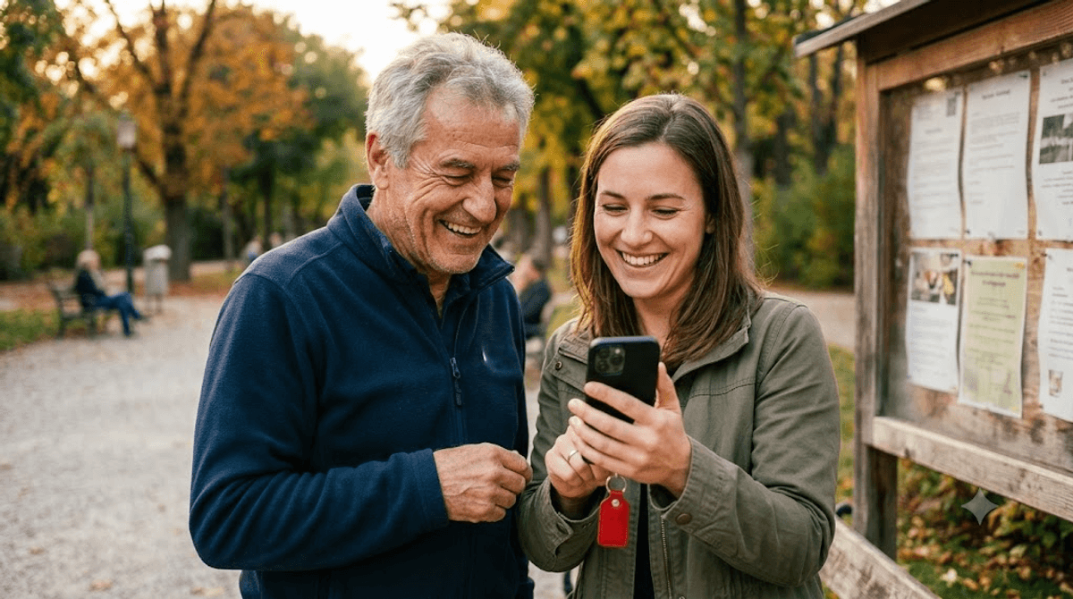 Zwei Mitglieder eines Sportvereins schauen gemeinsam lächelnd auf die einfache Vereins-Website auf einem Smartphone