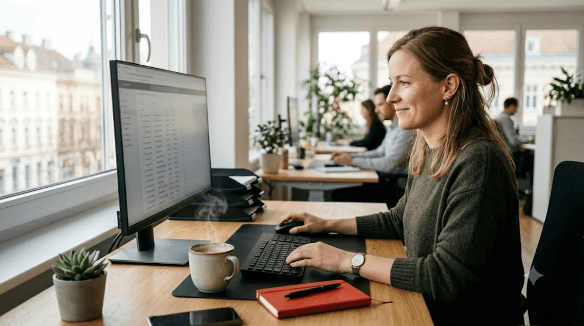 Vertriebsmitarbeiterin sichtet am Montagmorgen im Büro die vom KI-Chatbot ins CRM übergebenen qualifizierten Leads am Bildschirm