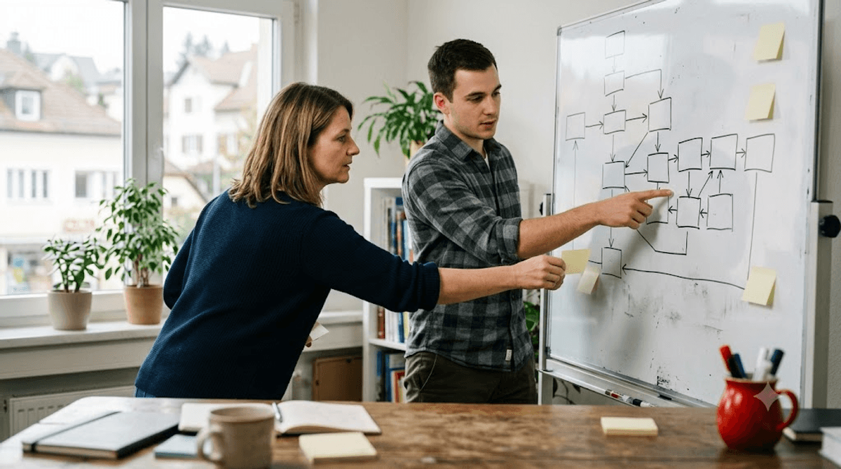 Zwei Mitarbeiter planen am Whiteboard Schritt für Schritt den Gesprächsablauf und die Qualifizierungsfragen für den KI-Chatbot auf der Website