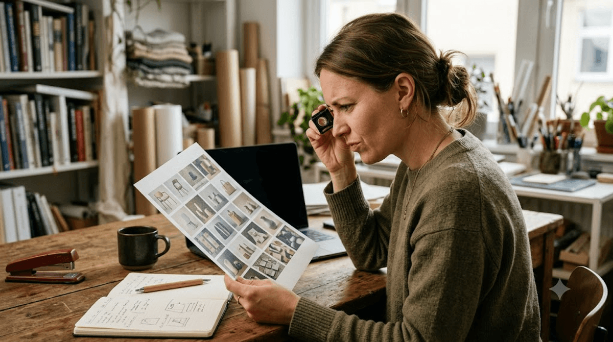 Grafikdesignerin begutachtet kritisch einen Ausdruck mit KI-generierten Produktbildern — KI-Bilder mit Vorsicht einsetzen
