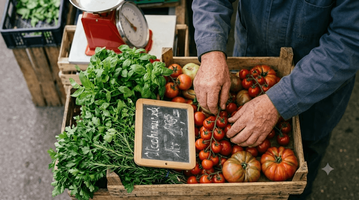 Haende am Wiener Naschmarkt sortieren frische Zutaten fuer ein Restaurant mit starker regionaler Verankerung