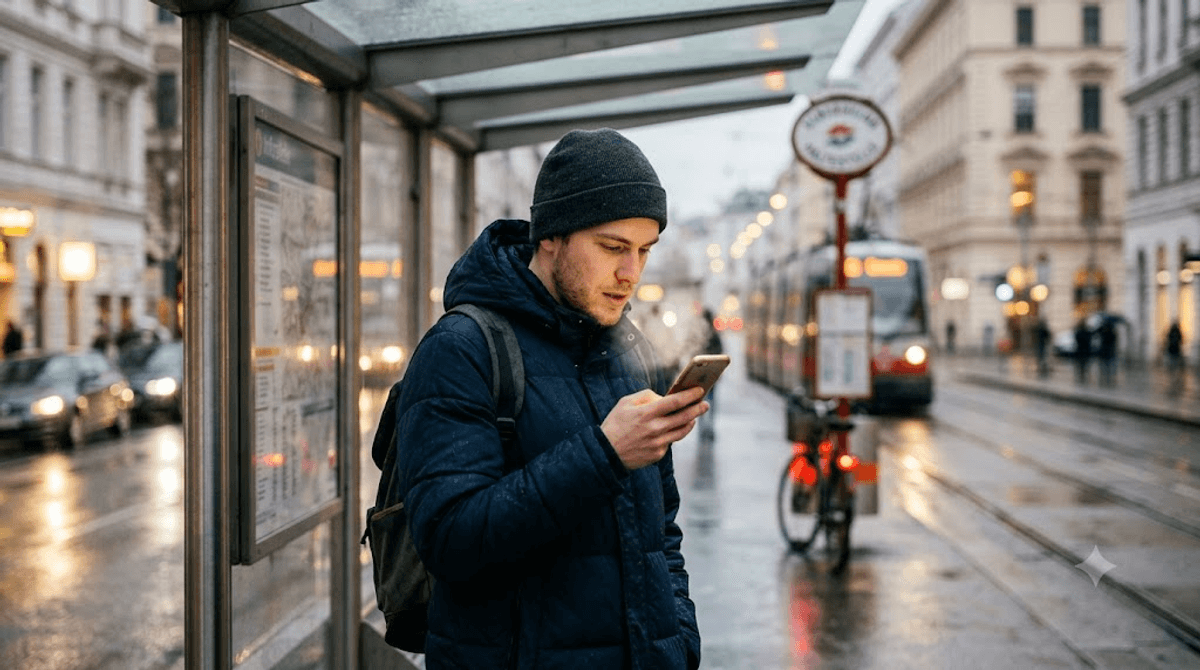Junger Wiener sucht abends an einer Strassenbahn-Haltestelle am Handy nach einem Restaurant in der Naehe