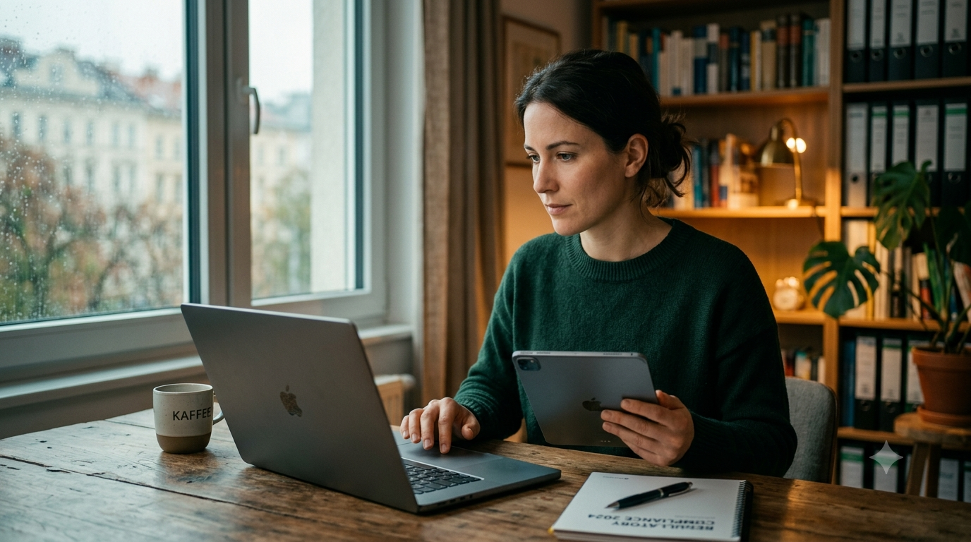 Unternehmerin prüft nach dem Launch die Barrierefreiheit ihrer Website am Laptop und auf dem Tablet