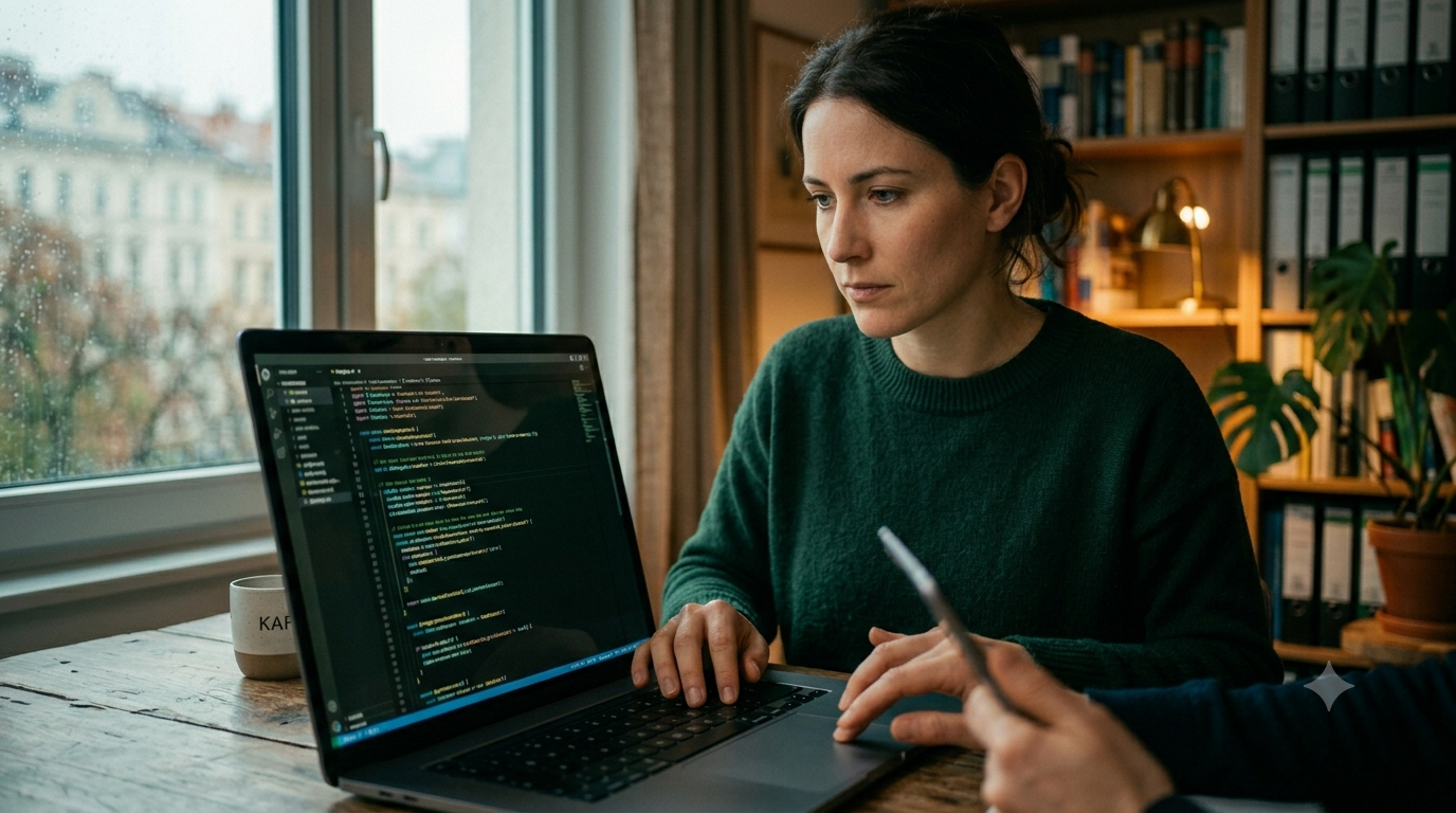 Unternehmerin betrachtet bei Abendlicht den Code ihrer Website und denkt an fällige Sicherheitsupdates