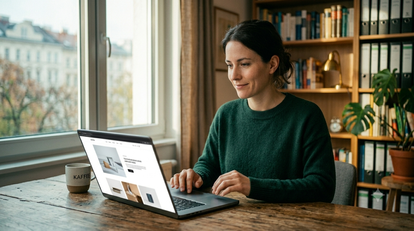 Unternehmerin prüft zufrieden die Ladegeschwindigkeit ihrer Website im hellen Morgenlicht