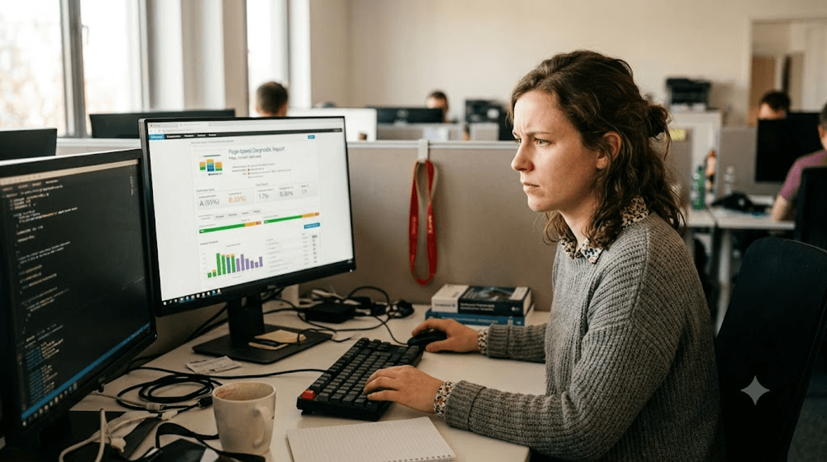 IT-Technikerin analysiert die Time-to-First-Byte-Werte einer WordPress-Website am Bildschirm