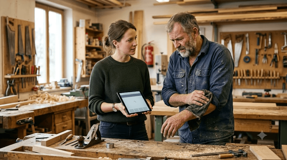 Handwerksbetrieb bespricht mit Webberaterin die langsame Ladezeit der eigenen WordPress-Website