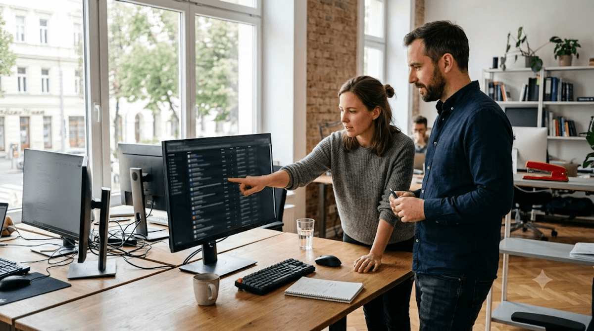 Entwicklerteam prüft im Büro die vielen aktiven Plugins einer WordPress-Website